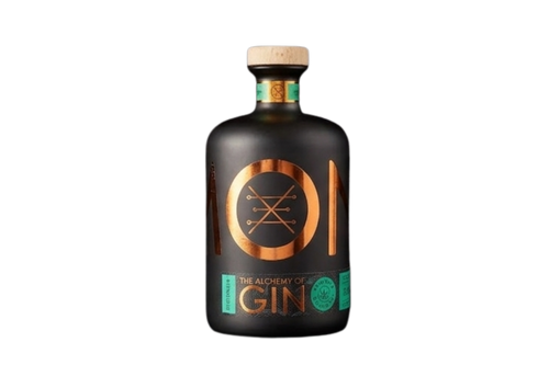 Gin bottle with a black label on a white background