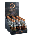 Display of Monks gin bottles with packaging on a black background
