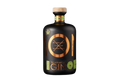 Bottle of gin with a black label featuring a cannabis leaf symbol on a white background