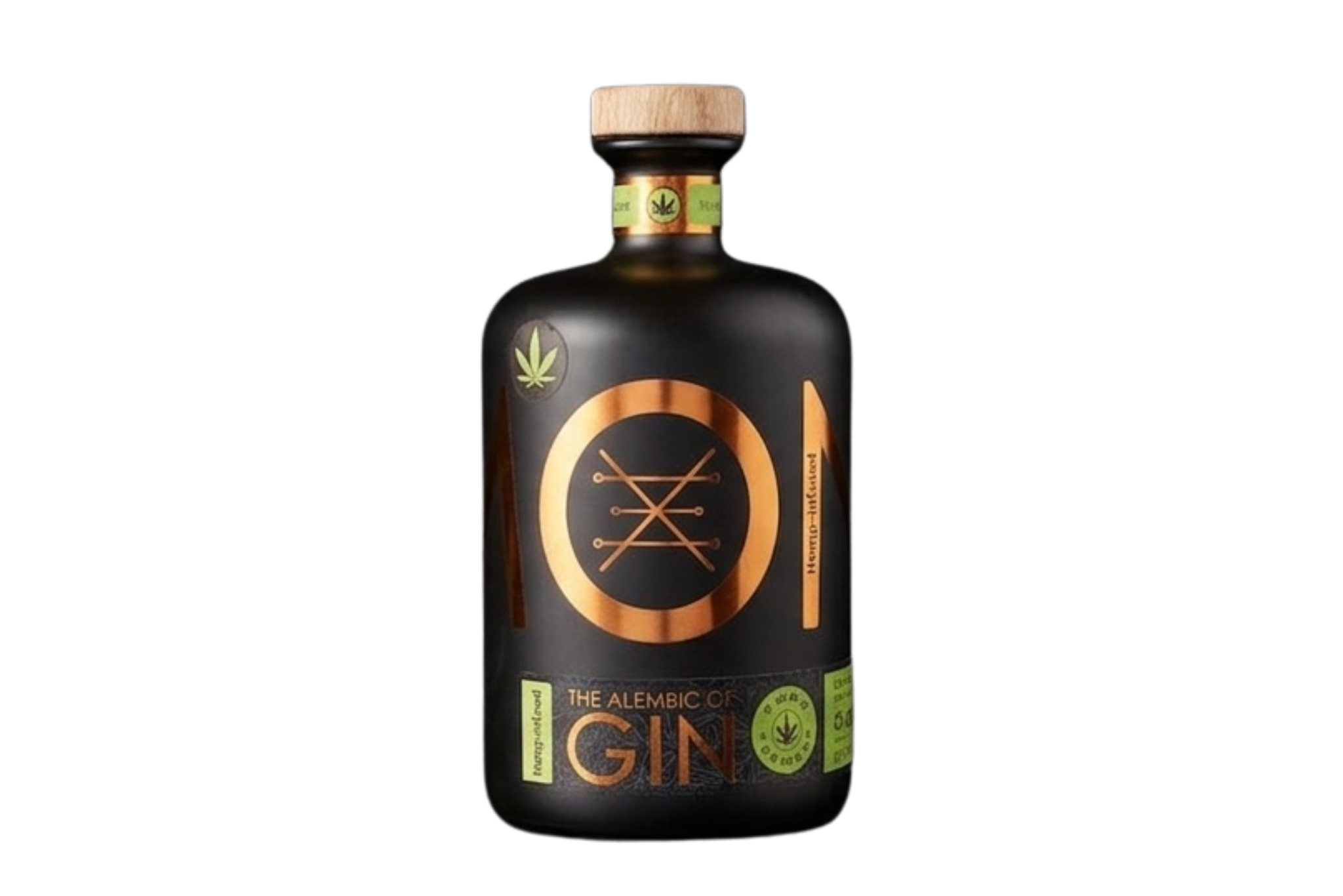 Bottle of gin with a black label featuring a cannabis leaf symbol on a white background