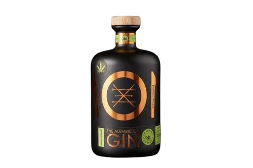 Bottle of gin with a black label featuring a cannabis leaf symbol on a white background